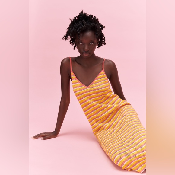 ✨NWT Zara Orange Yellow Striped Jacquard Crochet Knit Midi Dress Size Large - Picture 5 of 12
